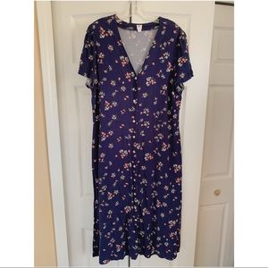 Floral midi button down dress, vneck, navy - XL